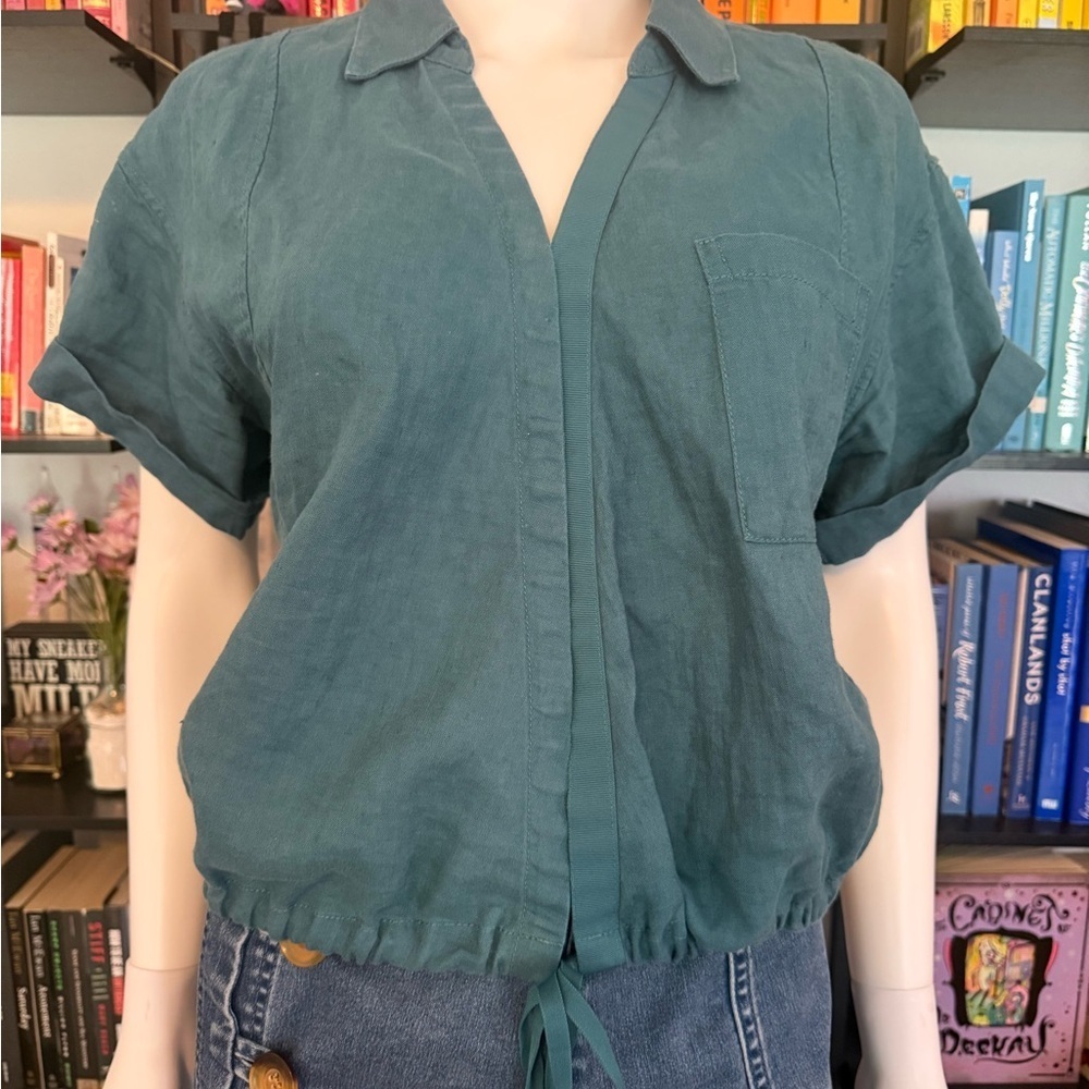 Athleta Teal Linen Resort Short Sleeve Top with pocket - Picture 2 of 9